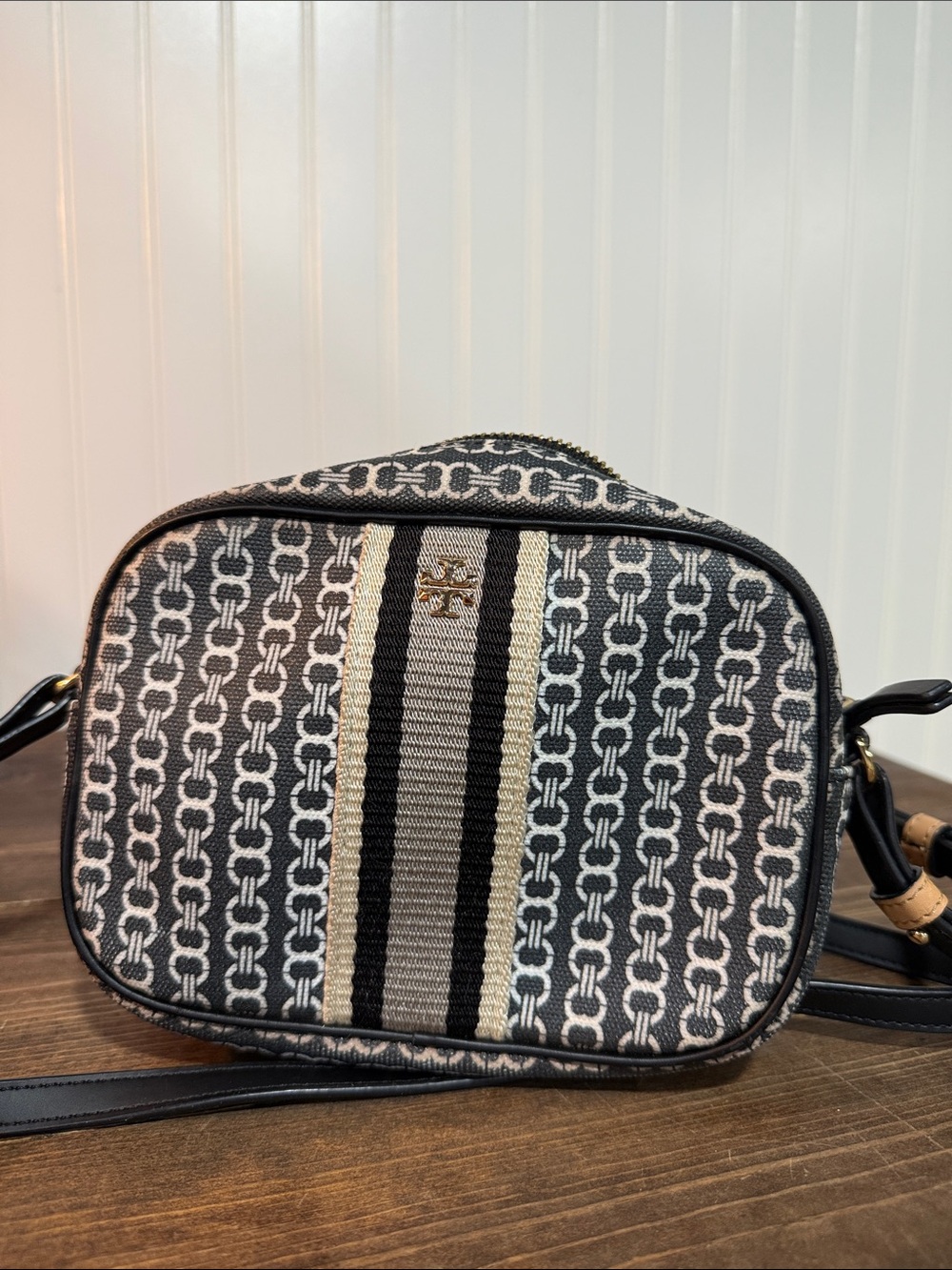 Tory Burch Black & Cream Signature Stripe Crossbody